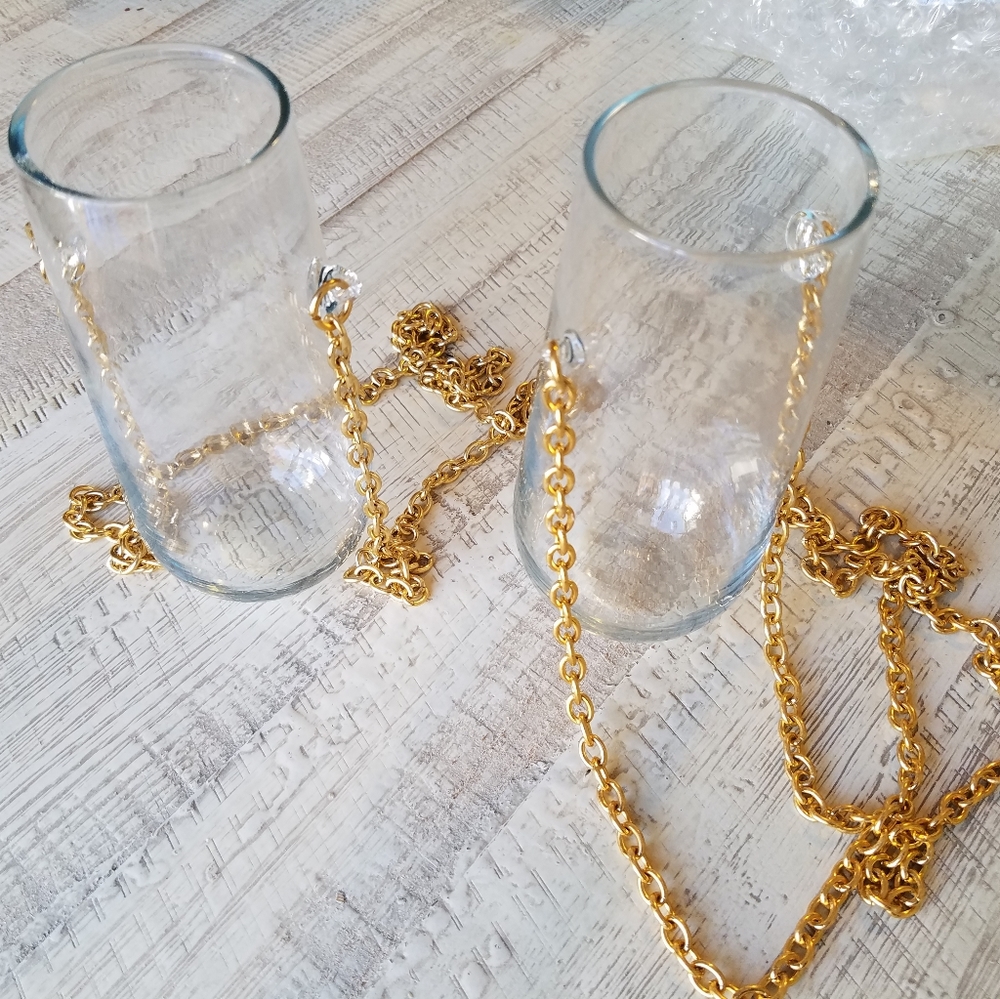 Rare find! Vintage Hanging clear bubble glass vases with long gold chains